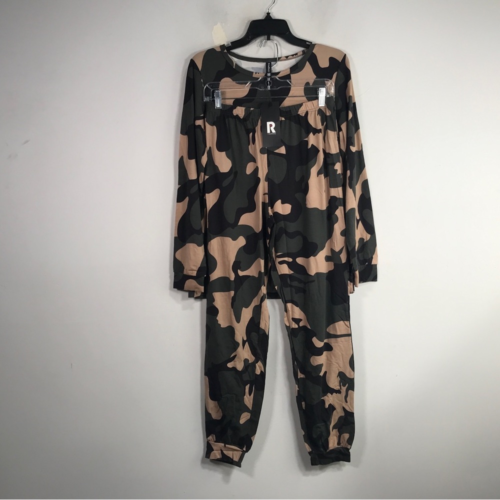 PrinStory 2 Piece Soft Camouflage Pajama, Women's Size M - Green/Tan